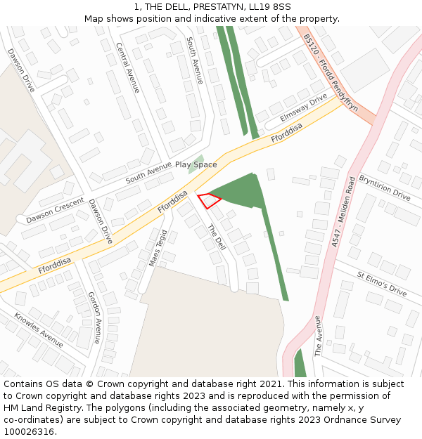 1, THE DELL, PRESTATYN, LL19 8SS: Location map and indicative extent of plot