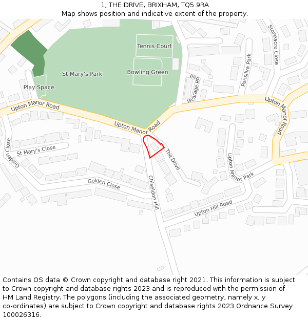 1, THE DRIVE, BRIXHAM, TQ5 9RA: Location map and indicative extent of plot