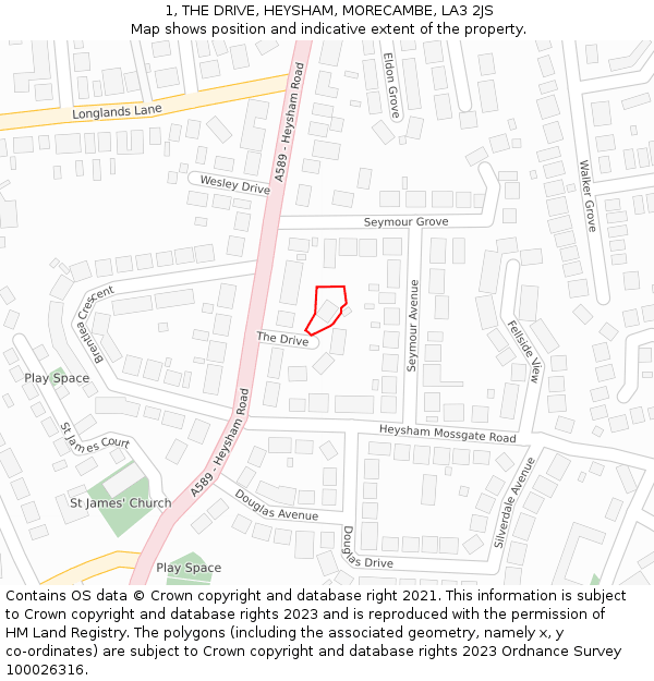 1, THE DRIVE, HEYSHAM, MORECAMBE, LA3 2JS: Location map and indicative extent of plot