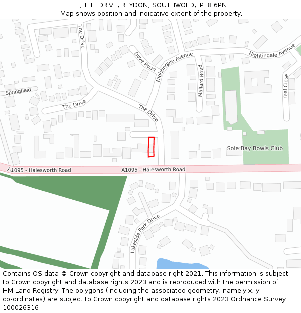 1, THE DRIVE, REYDON, SOUTHWOLD, IP18 6PN: Location map and indicative extent of plot