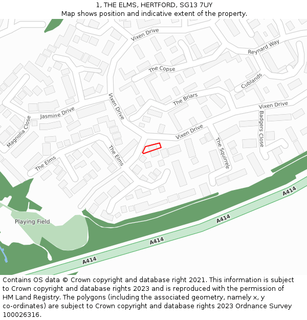 1, THE ELMS, HERTFORD, SG13 7UY: Location map and indicative extent of plot