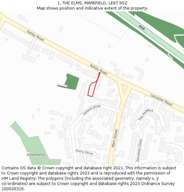 1, THE ELMS, MARKFIELD, LE67 9SZ: Location map and indicative extent of plot