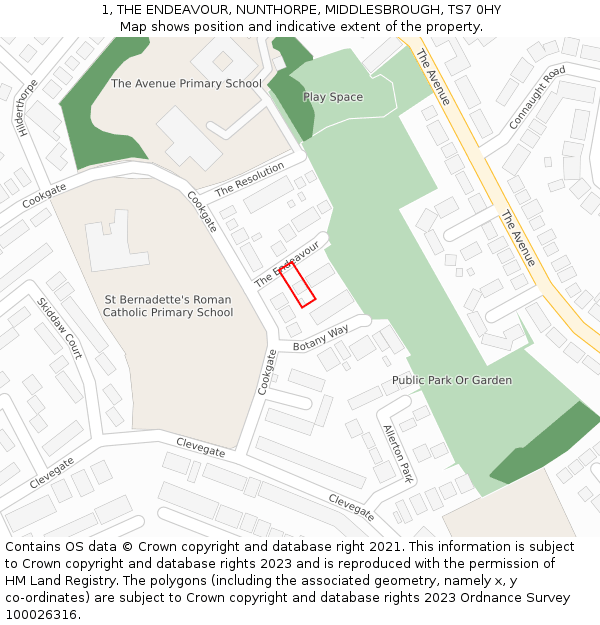 1, THE ENDEAVOUR, NUNTHORPE, MIDDLESBROUGH, TS7 0HY: Location map and indicative extent of plot