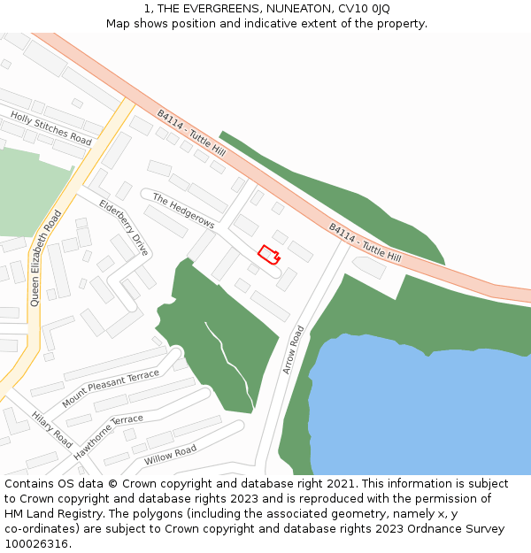 1, THE EVERGREENS, NUNEATON, CV10 0JQ: Location map and indicative extent of plot