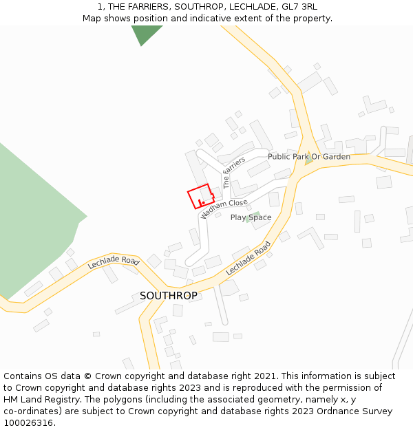 1, THE FARRIERS, SOUTHROP, LECHLADE, GL7 3RL: Location map and indicative extent of plot