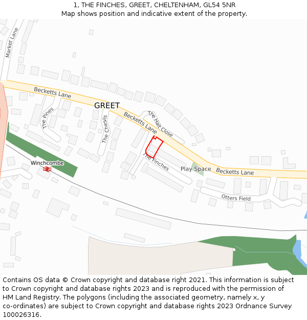 1, THE FINCHES, GREET, CHELTENHAM, GL54 5NR: Location map and indicative extent of plot