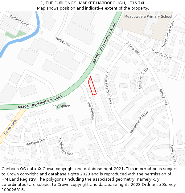 1, THE FURLONGS, MARKET HARBOROUGH, LE16 7XL: Location map and indicative extent of plot