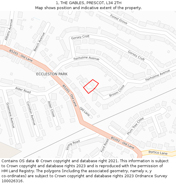 1, THE GABLES, PRESCOT, L34 2TH: Location map and indicative extent of plot