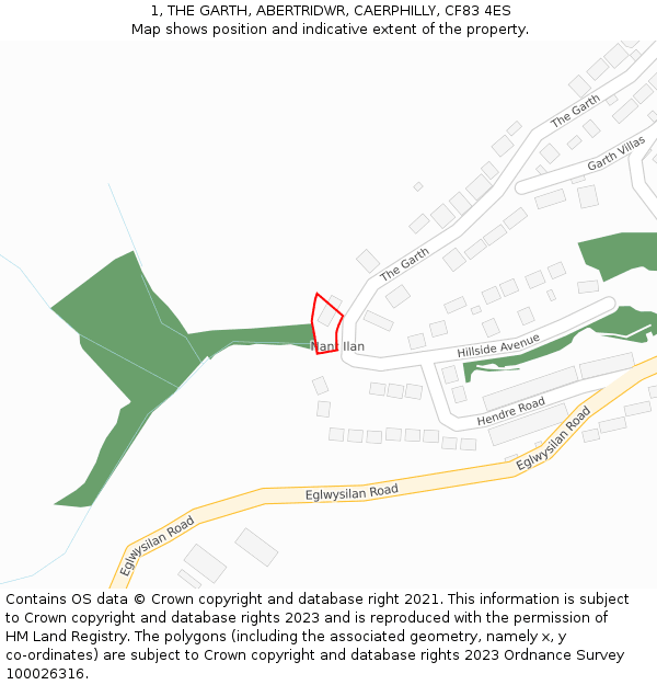 1, THE GARTH, ABERTRIDWR, CAERPHILLY, CF83 4ES: Location map and indicative extent of plot