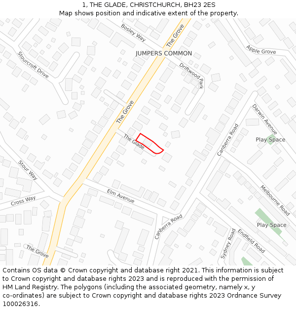 1, THE GLADE, CHRISTCHURCH, BH23 2ES: Location map and indicative extent of plot