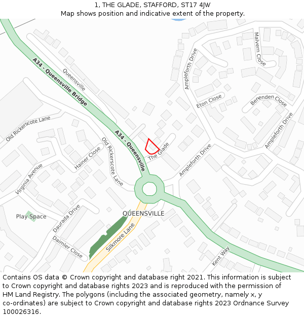 1, THE GLADE, STAFFORD, ST17 4JW: Location map and indicative extent of plot