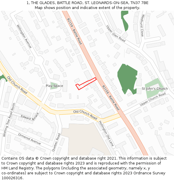 1, THE GLADES, BATTLE ROAD, ST. LEONARDS-ON-SEA, TN37 7BE: Location map and indicative extent of plot