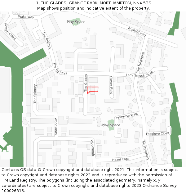 1, THE GLADES, GRANGE PARK, NORTHAMPTON, NN4 5BS: Location map and indicative extent of plot