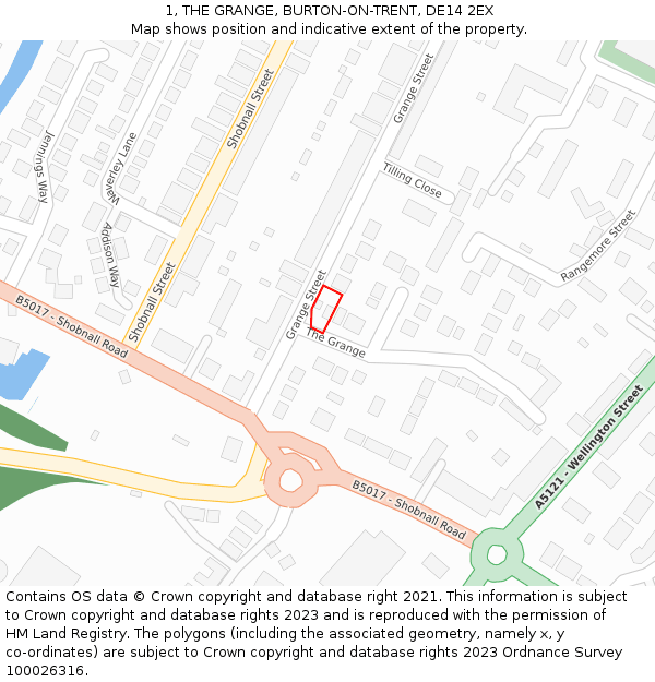 1, THE GRANGE, BURTON-ON-TRENT, DE14 2EX: Location map and indicative extent of plot
