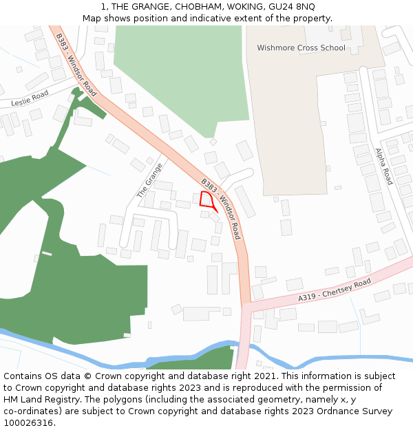 1, THE GRANGE, CHOBHAM, WOKING, GU24 8NQ: Location map and indicative extent of plot