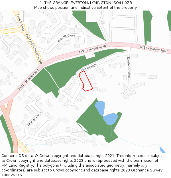 1, THE GRANGE, EVERTON, LYMINGTON, SO41 0ZR: Location map and indicative extent of plot