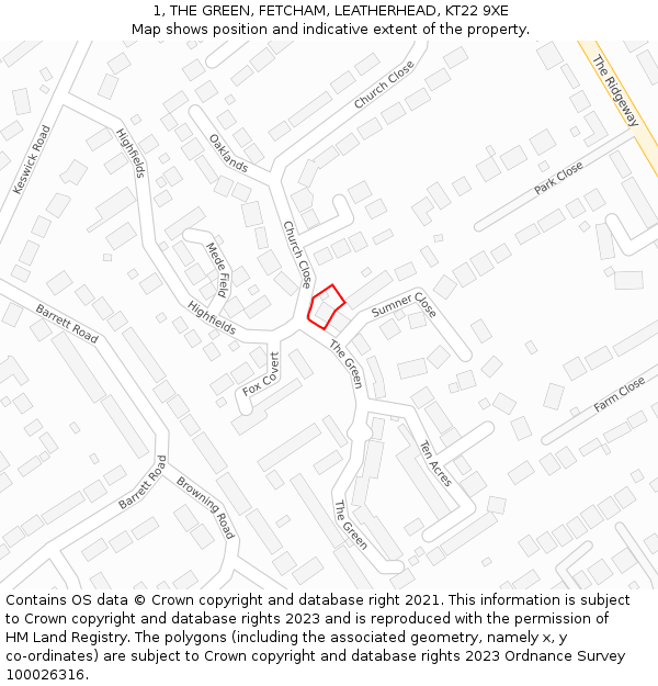 1, THE GREEN, FETCHAM, LEATHERHEAD, KT22 9XE: Location map and indicative extent of plot
