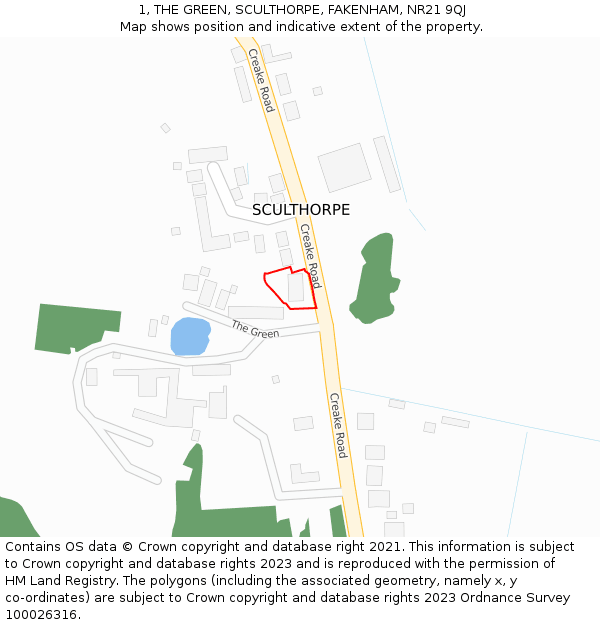 1, THE GREEN, SCULTHORPE, FAKENHAM, NR21 9QJ: Location map and indicative extent of plot