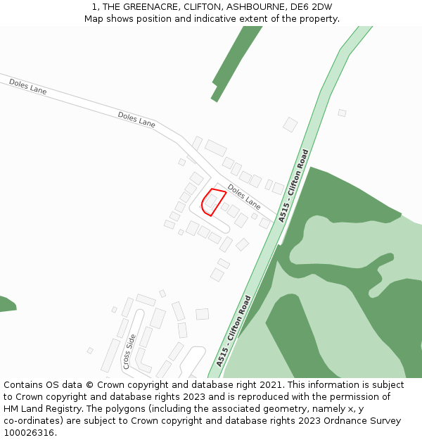 1, THE GREENACRE, CLIFTON, ASHBOURNE, DE6 2DW: Location map and indicative extent of plot