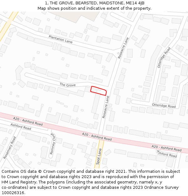 1, THE GROVE, BEARSTED, MAIDSTONE, ME14 4JB: Location map and indicative extent of plot
