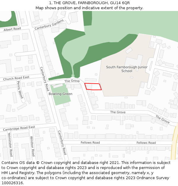 1, THE GROVE, FARNBOROUGH, GU14 6QR: Location map and indicative extent of plot