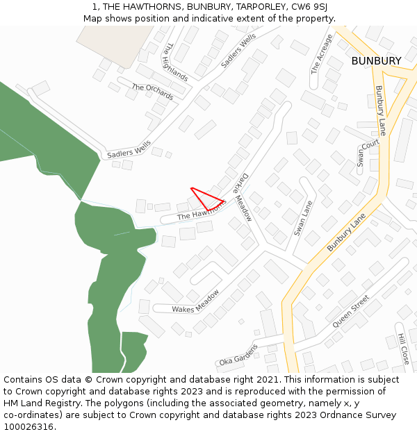 1, THE HAWTHORNS, BUNBURY, TARPORLEY, CW6 9SJ: Location map and indicative extent of plot