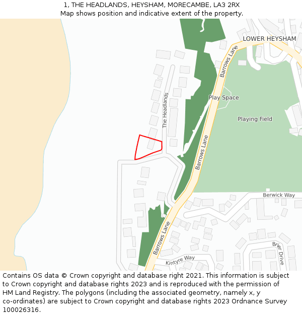 1, THE HEADLANDS, HEYSHAM, MORECAMBE, LA3 2RX: Location map and indicative extent of plot