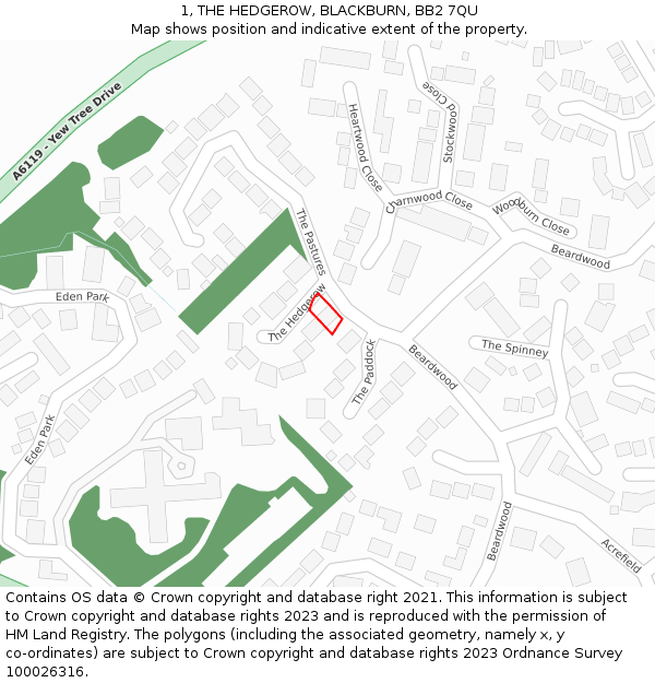 1, THE HEDGEROW, BLACKBURN, BB2 7QU: Location map and indicative extent of plot