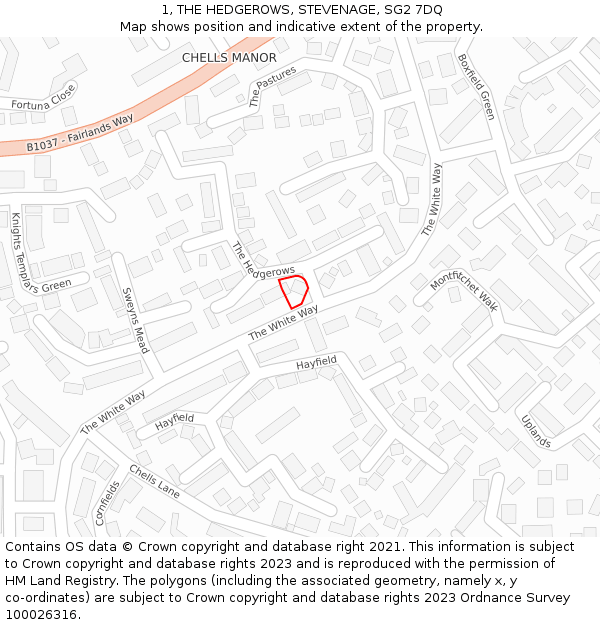 1, THE HEDGEROWS, STEVENAGE, SG2 7DQ: Location map and indicative extent of plot