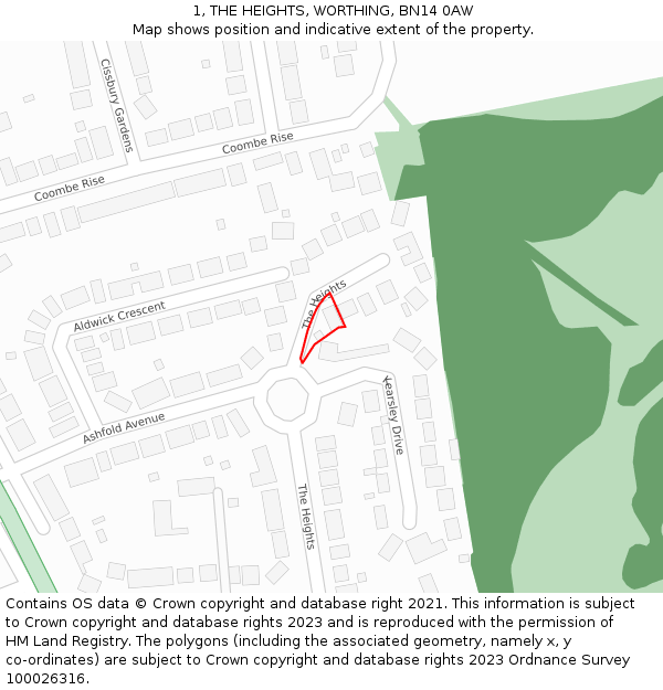 1, THE HEIGHTS, WORTHING, BN14 0AW: Location map and indicative extent of plot