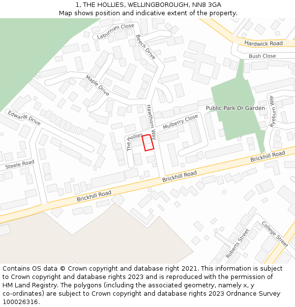 1, THE HOLLIES, WELLINGBOROUGH, NN8 3GA: Location map and indicative extent of plot