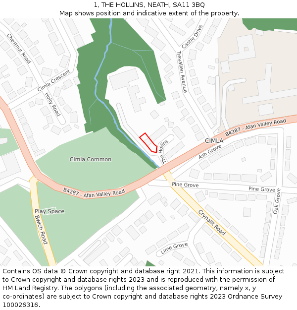 1, THE HOLLINS, NEATH, SA11 3BQ: Location map and indicative extent of plot