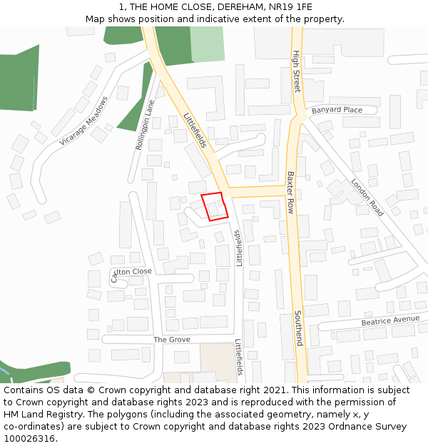 1, THE HOME CLOSE, DEREHAM, NR19 1FE: Location map and indicative extent of plot