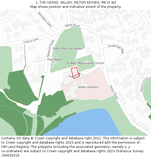 1, THE HOOKE, WILLEN, MILTON KEYNES, MK15 9JZ: Location map and indicative extent of plot