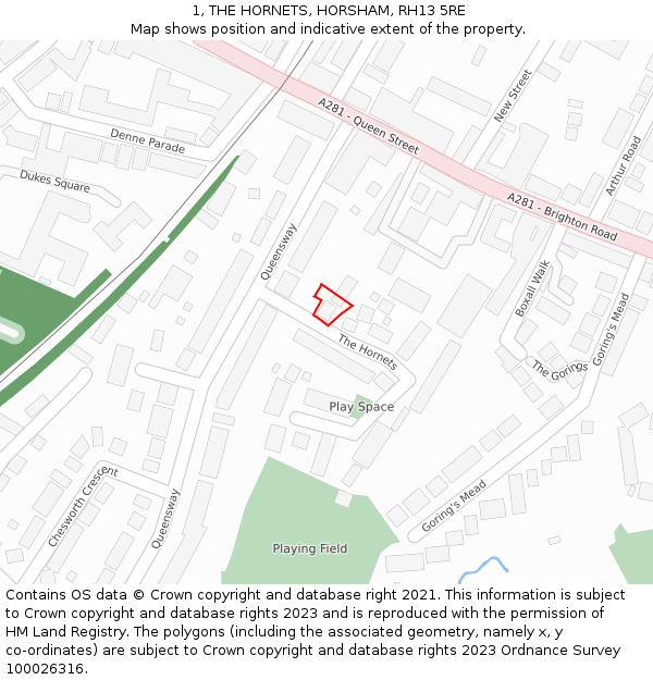 1, THE HORNETS, HORSHAM, RH13 5RE: Location map and indicative extent of plot