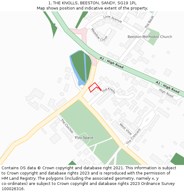 1, THE KNOLLS, BEESTON, SANDY, SG19 1PL: Location map and indicative extent of plot