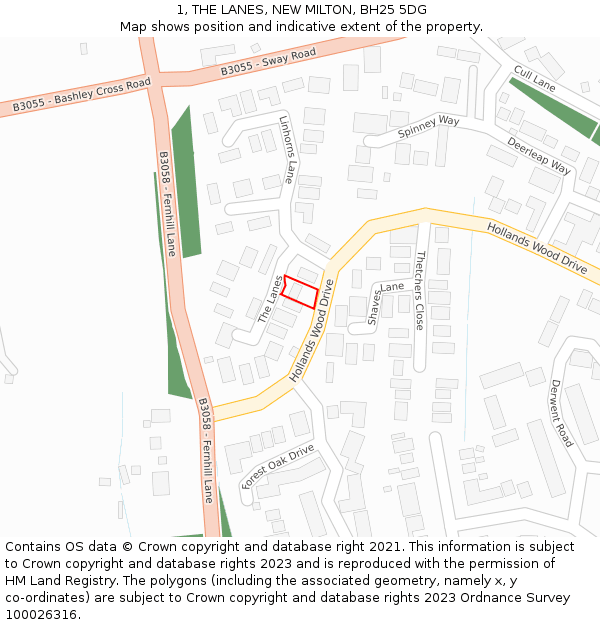 1, THE LANES, NEW MILTON, BH25 5DG: Location map and indicative extent of plot