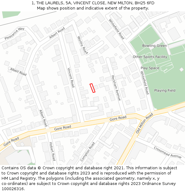 1, THE LAURELS, 5A, VINCENT CLOSE, NEW MILTON, BH25 6FD: Location map and indicative extent of plot