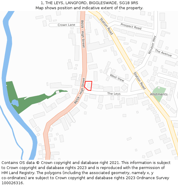 1, THE LEYS, LANGFORD, BIGGLESWADE, SG18 9RS: Location map and indicative extent of plot