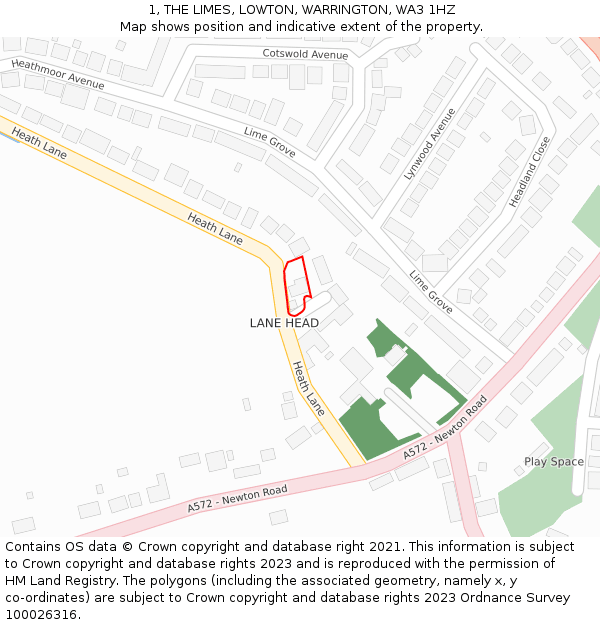 1, THE LIMES, LOWTON, WARRINGTON, WA3 1HZ: Location map and indicative extent of plot