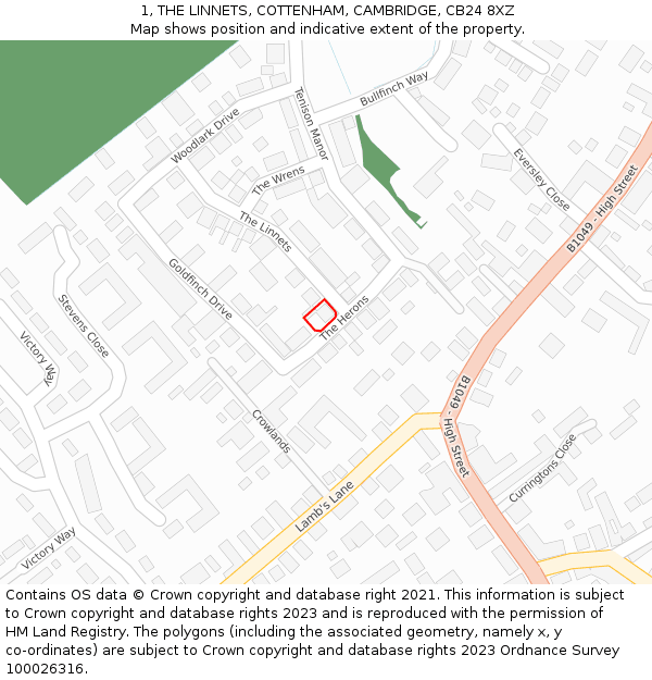 1, THE LINNETS, COTTENHAM, CAMBRIDGE, CB24 8XZ: Location map and indicative extent of plot