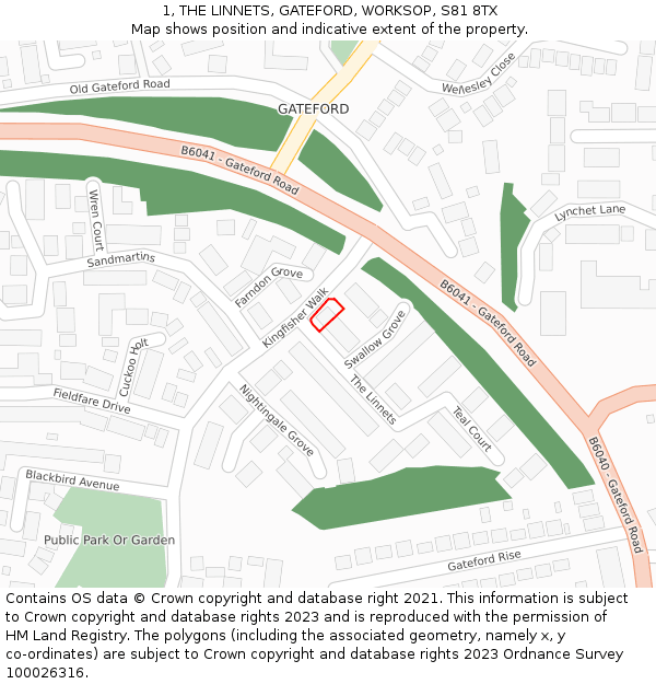 1, THE LINNETS, GATEFORD, WORKSOP, S81 8TX: Location map and indicative extent of plot