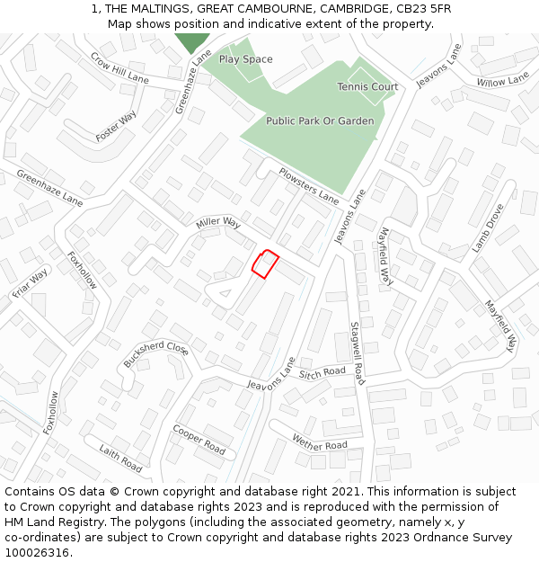 1, THE MALTINGS, GREAT CAMBOURNE, CAMBRIDGE, CB23 5FR: Location map and indicative extent of plot