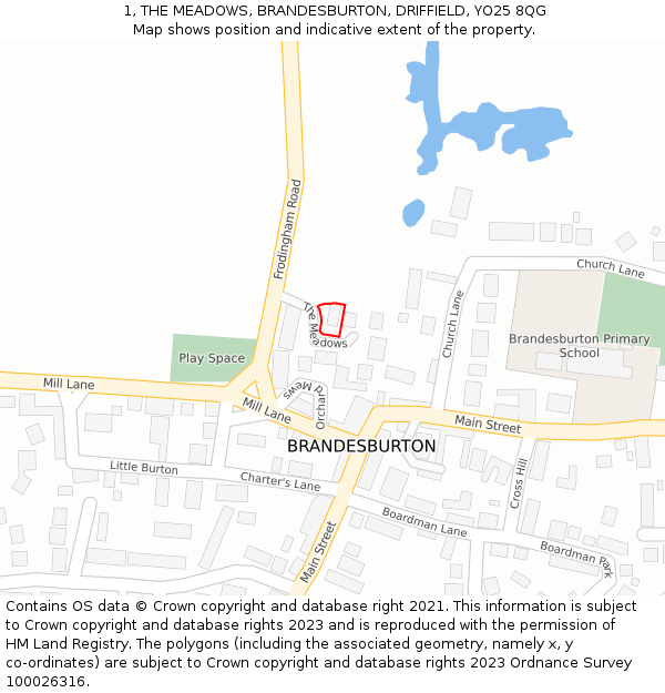 1, THE MEADOWS, BRANDESBURTON, DRIFFIELD, YO25 8QG: Location map and indicative extent of plot