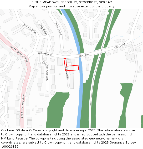 1, THE MEADOWS, BREDBURY, STOCKPORT, SK6 1AD: Location map and indicative extent of plot