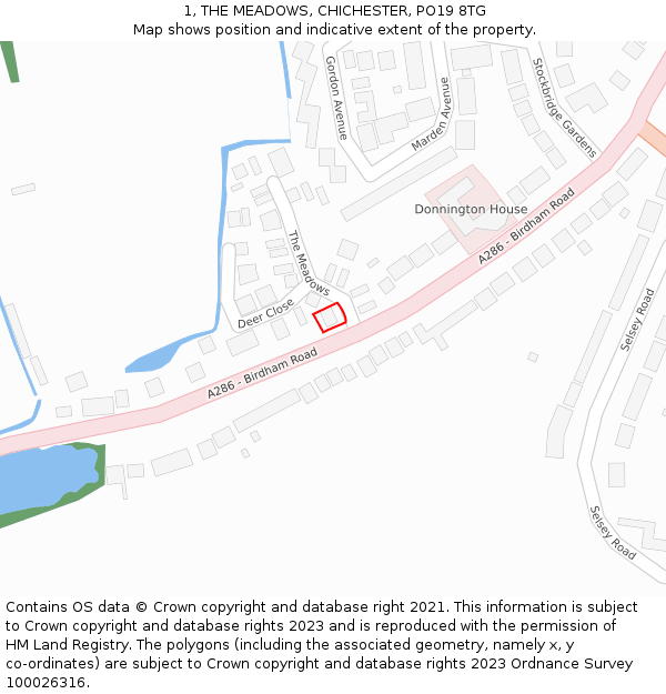 1, THE MEADOWS, CHICHESTER, PO19 8TG: Location map and indicative extent of plot