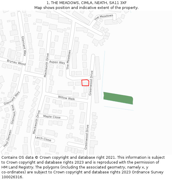 1, THE MEADOWS, CIMLA, NEATH, SA11 3XF: Location map and indicative extent of plot