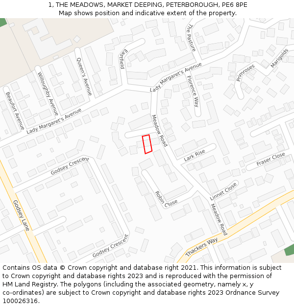 1, THE MEADOWS, MARKET DEEPING, PETERBOROUGH, PE6 8PE: Location map and indicative extent of plot