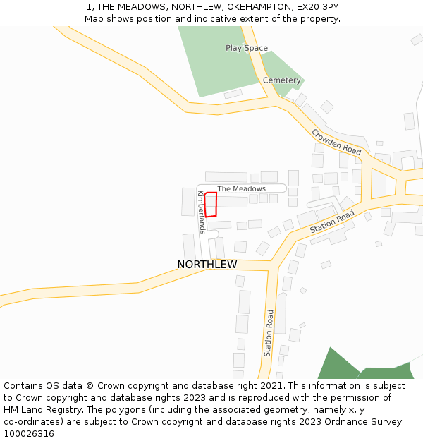 1, THE MEADOWS, NORTHLEW, OKEHAMPTON, EX20 3PY: Location map and indicative extent of plot