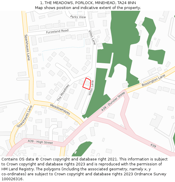 1, THE MEADOWS, PORLOCK, MINEHEAD, TA24 8NN: Location map and indicative extent of plot